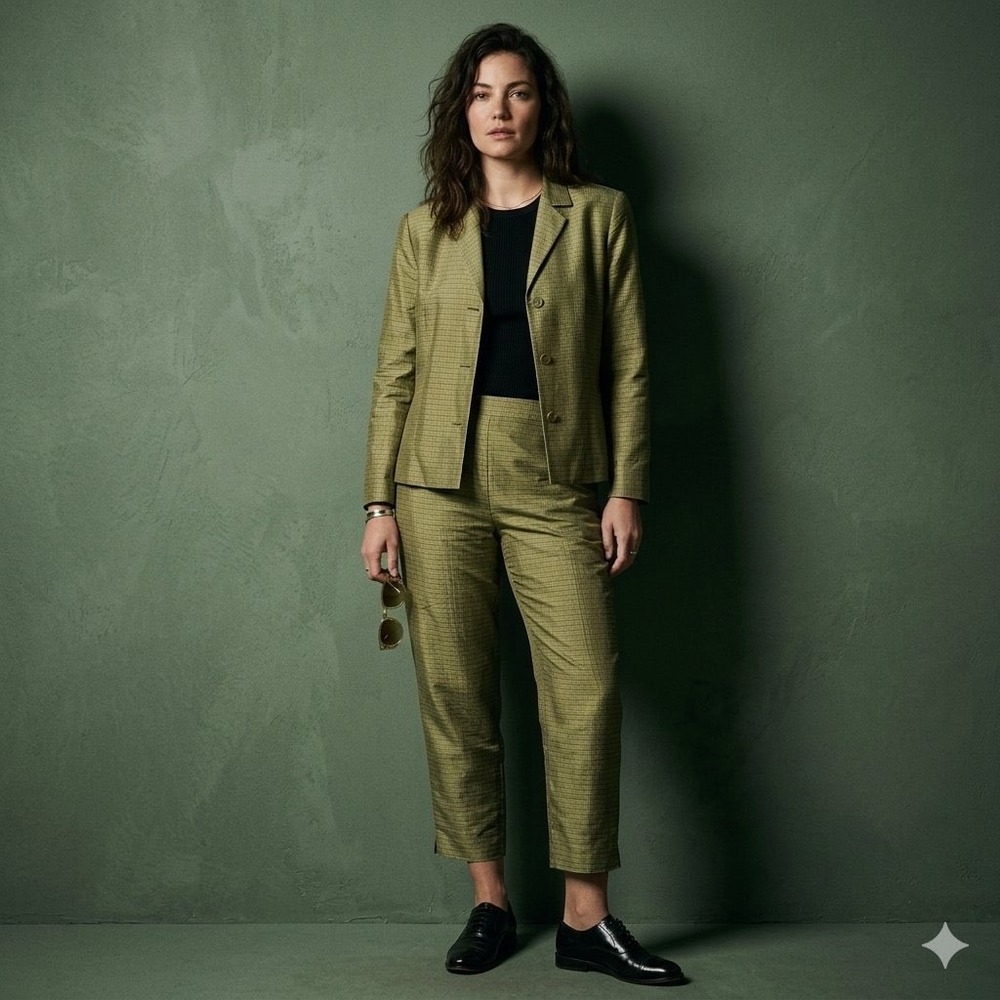 Jones New York 100% Silk Pant Suit Olive Green Grid Blazer Trousers Set Size 14